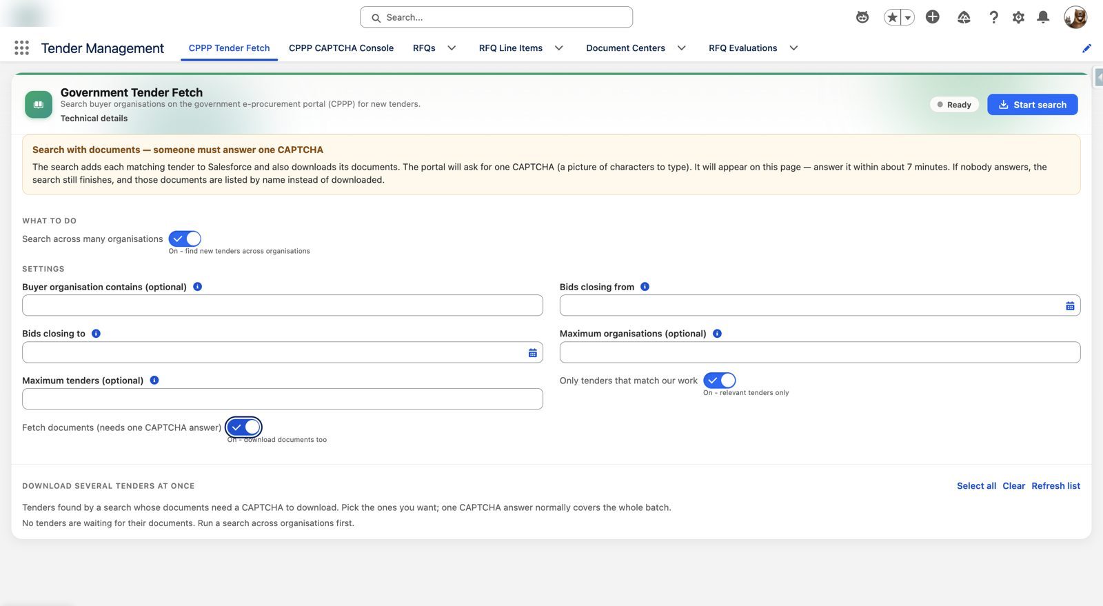 Set the search once – Agentforce government tender management in Salesforce