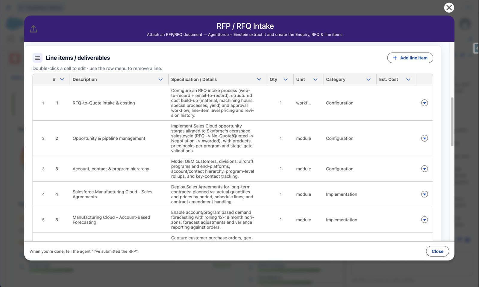 Line items, ready to edit – Agentforce government tender management in Salesforce